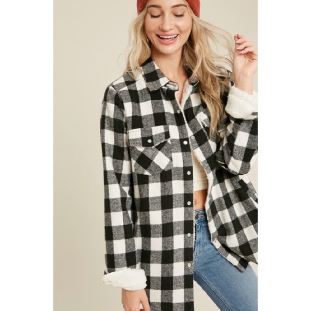 Black Buffalo Plaid Sherpa Lined Shacket Shirt Jacket - Picture 4 of 6